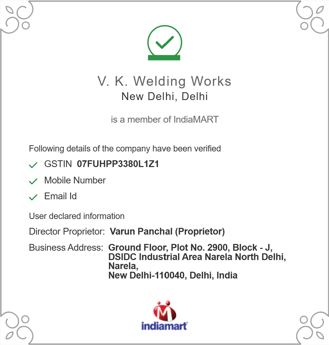 IndiaMART Verified Plus Certificate