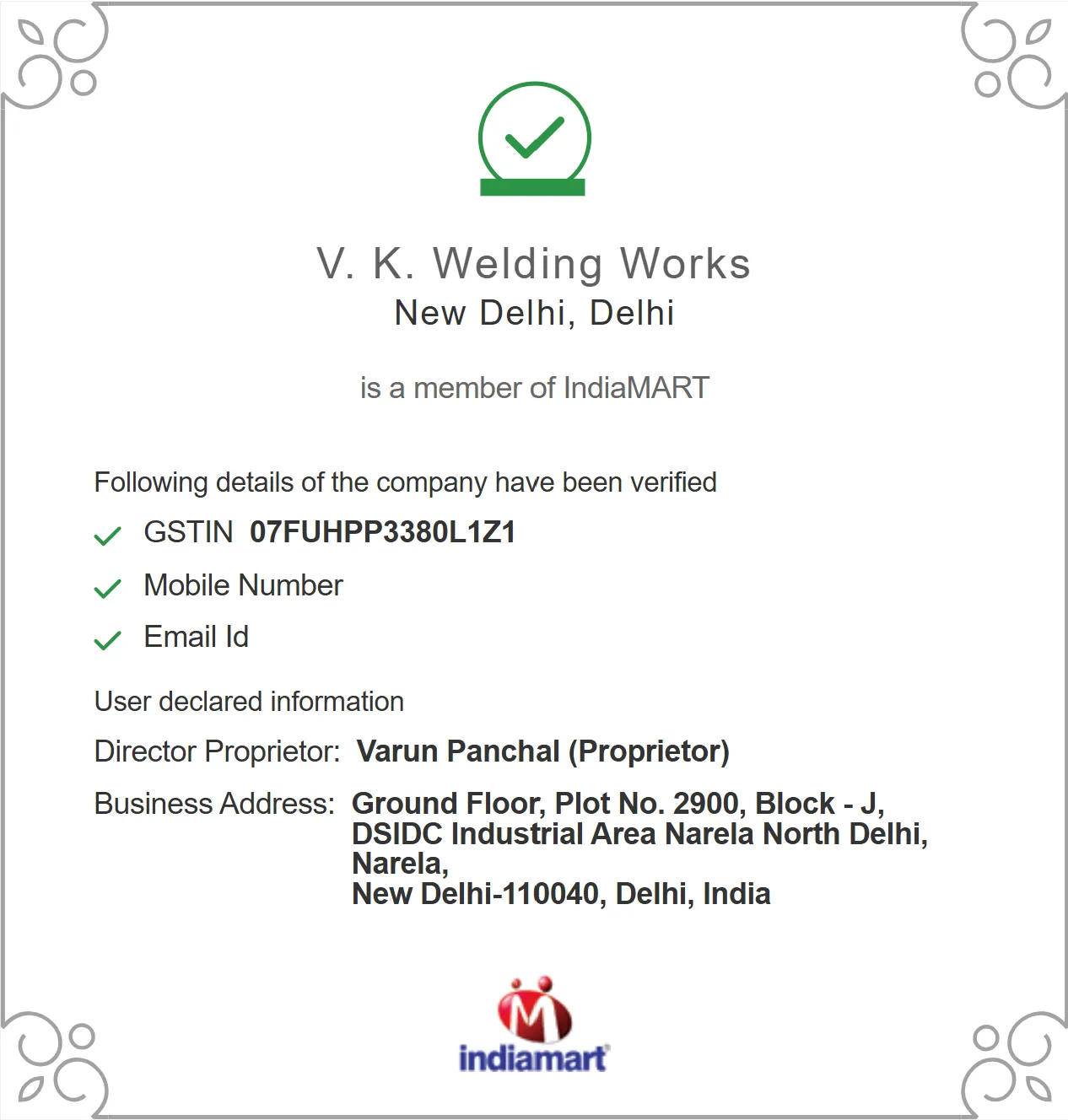 IndiaMART Verified Plus Certificate